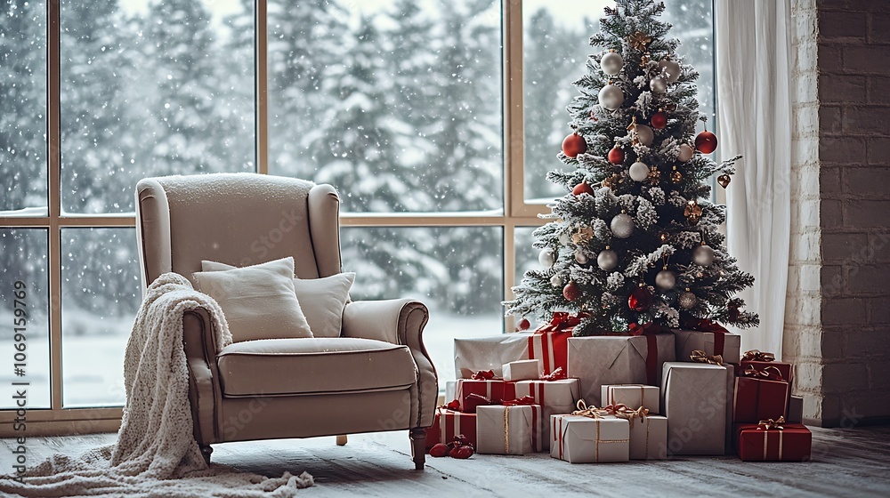 Poster cozy holiday scene with snowy christmas tree and armchair by frosted window : generative ai