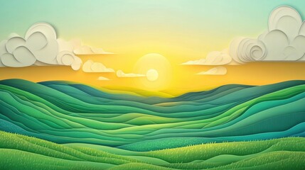 Obraz premium Layered Fields in a Paper-Style Valley with a Bright Expansive Sky, showcasing vibrant textures and serene agricultural landscapes