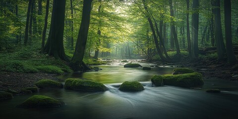 Obraz premium Sunlight Illuminating a Tranquil Forest Stream