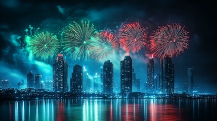 Obraz premium Vibrant fireworks illuminate skyline with stunning nighttime cityscape