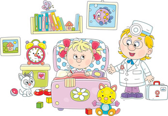 Doctor pediatrician visiting and consulting a sick little girl with a thermometer in her armpit lying in a bed in a nursery room with funny toys and books, vector cartoon illustration on white