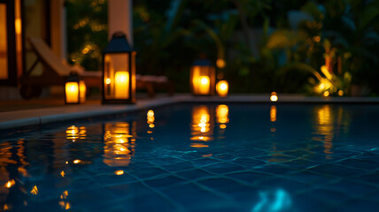 The enchanting ambiance of a swimming pool at night