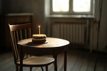 A solitary birthday cake with a candle placed on a wooden table in a dimly lit room