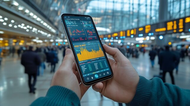 Analyzing financial trends on smartphone in busy train station