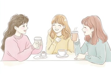 Hand-Drawn Vector of Friends Drinking Coffee and Talking, Flat Design with Bright Colors and White Space