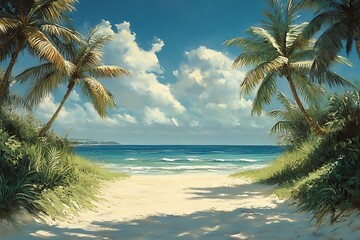 Palm Tree Framed Tropical Beach Painting