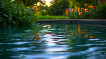 A tranquil swimming pool surrounded by lush greenery and colorful flowers