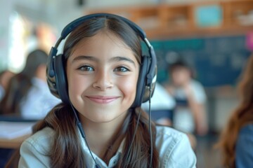 Hispanic teen girl in remote learning with headphones and webcam.
