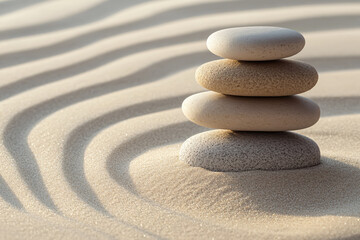 A tranquil stack of stones on rippled sand close-up, meditation concept