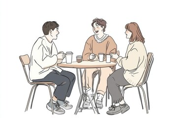 Fototapeta premium Hand-Drawn Vector of Friends Drinking Coffee and Talking, Flat Design with Bright Colors and White Space