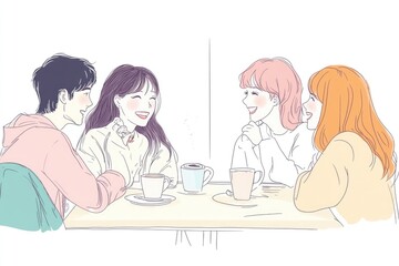 Fototapeta premium Hand-Drawn Vector of Friends Drinking Coffee and Talking, Flat Design with Bright Colors and White Space