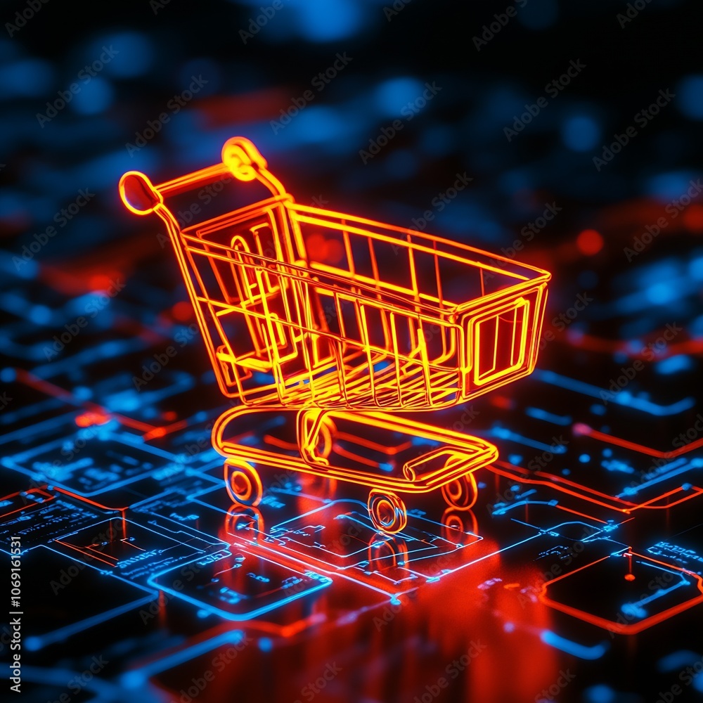Poster Illuminated Neon Shopping Cart Icon on Digital Circuit Board : Generative AI