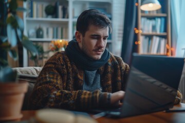 Obraz premium Young man using laptop for online meetings and studying.