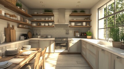 Obraz premium Modern Kitchen with Wooden Shelves and Farmhouse Sink