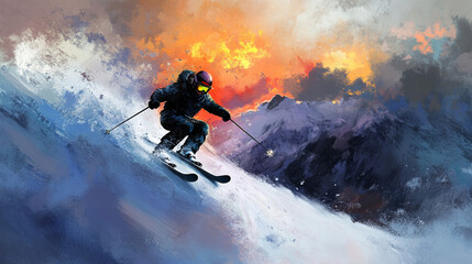 Skier Sunset Mountain Slope Extreme Winter Sports Painting