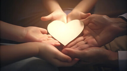 Fototapeta premium Hands holding paper heart shape for World Kindness Day, Autism support, foster care, homeless support, World Mental Health Day, family cutout