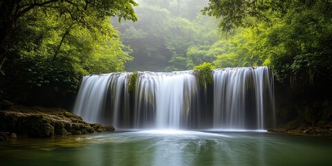 Naklejka premium Serene Waterfall in a Verdant Forest