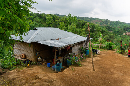 Adivasi homesteads on either side of the Bandarban hilly road. Tribal accommodation. Bandarban hill region is a tourist spot in Bangladesh. 