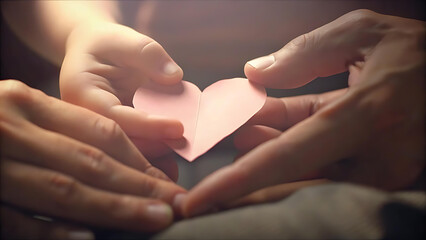 Obraz premium Hands holding paper heart shape for World Kindness Day, Autism support, foster care, homeless support, World Mental Health Day, family cutout