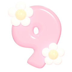 3D Cute Glossy Pink Number 9 Illustration with flower