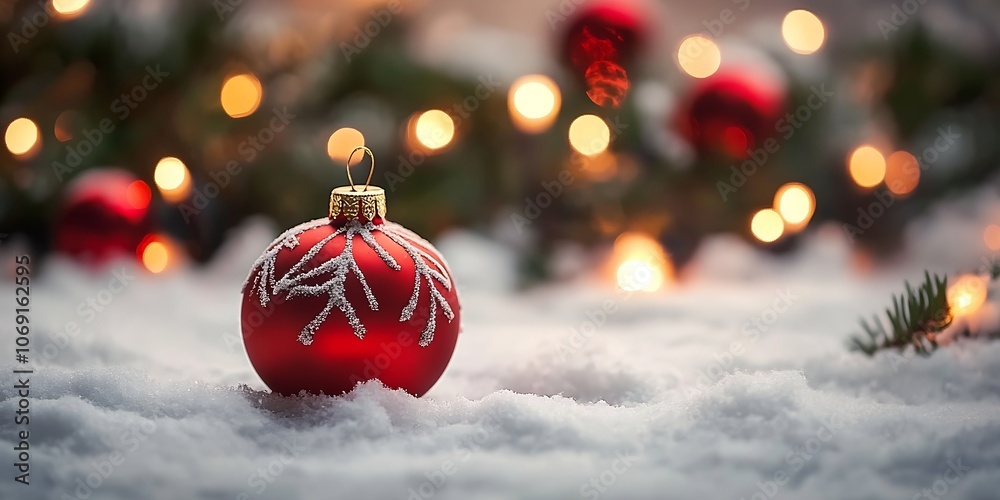 Poster red christmas bauble resting on snowy ground with sparkling holiday bokeh : generative ai