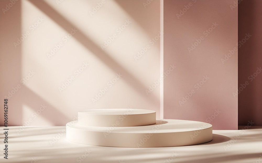 Poster Abstract Minimalistic Podium Display in Soft Pink and Cream Tones with Light Shading : Generative AI