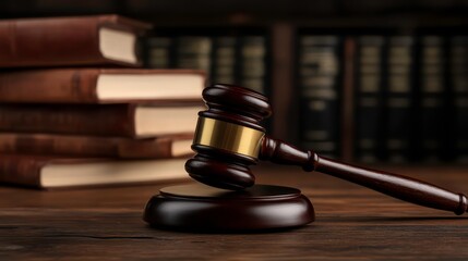 A wooden gavel rests on a desk beside stacked law books, symbolizing justice and legal proceedings.