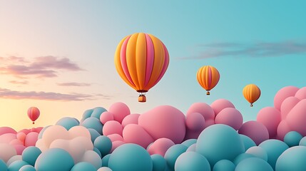 Naklejka premium Whimsical Hot Air Balloons Floating Above Colorful Cloudscape in Vibrant Sky : Generative AI