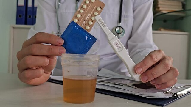 Doctor holds positive test and contraception. False positive pregnancy test. Emergency contraception methods