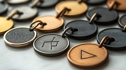 A close-up of minimalist metal keychains, featuring geometric shapes like circles, triangles, and rectangles, engraved with simple designs or initials
