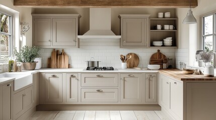 Modern kitchen with wooden accents, white tile, and a stainless steel pot