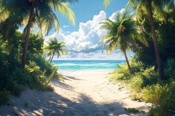 Obraz premium Palm Trees and Lush Foliage Frame Sunny Beach Pathway