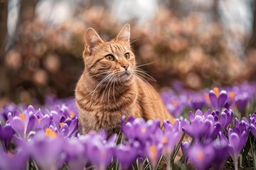 Orange cat in blooming purple crocus field on a spring day