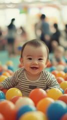 Fototapeta premium Cute infant is happily playing in a ball pit, surrounded by vibrant plastic balls and smiling
