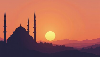 Silhouette of mosque against sunset with mountains and colorful sky in minimalist style