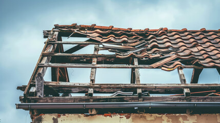 A roof severely damaged by fierce gusts betrays the violent encounter with nature’s fury, with wooden beams exposed and tiles dislodged, embodying chaos and loss.