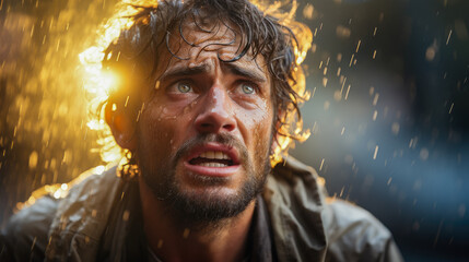 A man with a worried expression gazes upward amidst a shower of raindrops, highlighting feelings of anxiety and contemplation under dramatic lighting.