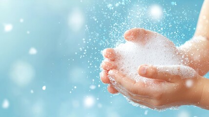 Fototapeta premium A child’s hands hold soap bubbles, creating a playful scene of cleanliness and joy against a soft blue background with sparkling particles.