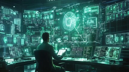 Hacker at Work in Front of Multiple Monitors with Green Digital Interface