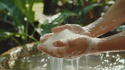 Fototapeta premium A person washes hands in a serene outdoor setting, surrounded by lush greenery, with water splashing gently.