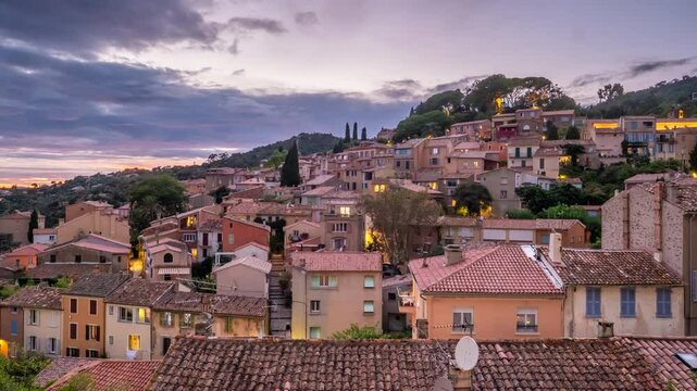 Day to night time lapse of the Bormes les memosas village, French riviera