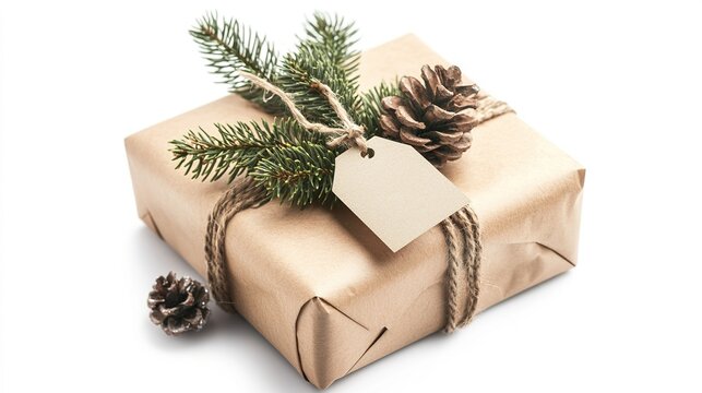 Holiday gift wrapped in brown paper with pine decoration