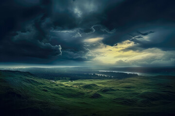 An intense storm brews over a verdant hilly landscape, with menacing clouds set against a background of sprawling hills, evoking a sense of awe and power.
