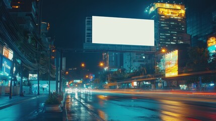 Night Cityscape with a Blank Billboard