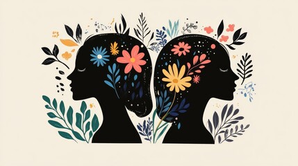 Modern Flat Design of People with Abstract Heads and Floral Elements, Mental Health and Well-Being Theme