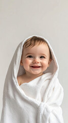 Cute infant smiles as they are swaddled in a cozy white towel following a bath