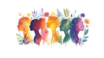 Modern Flat Design of People with Abstract Heads and Floral Elements, Mental Health and Well-Being Theme