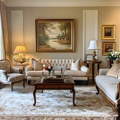 A traditional living room featuring classic furniture, elegant decor, and a warm color palette. The space exudes a timeless charm with its refined furnishings and cozy atmosphere.