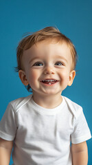 Fototapeta premium Joyful baby boy posing in white t-shirt on blue background with big smile