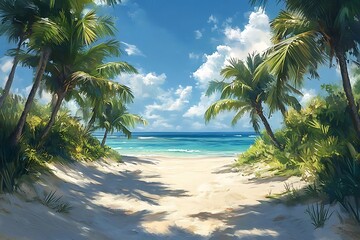 Obraz premium Palm Trees Frame Tranquil Beach Scene with Blue Waters